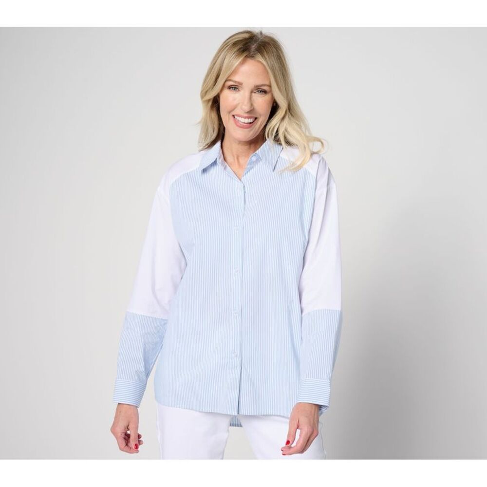 Studio Park Women's Top Sz L Color Block Classic Button Down Shirt Blue A634583